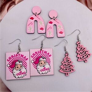 Wood Pink Christmas Earrings 3 pair